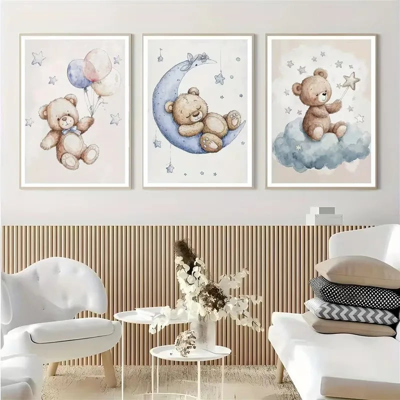 A set of three canvas art prints featuring teddy bears and moons in soft watercolor style.