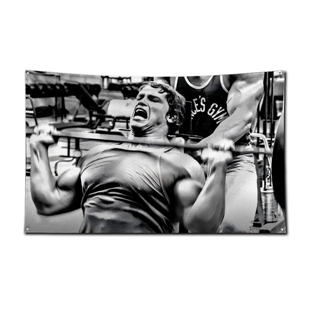 A muscular man lifts weights in a gym setting.