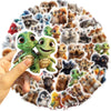 A hand holds an oval-shaped sticker pack featuring 50 assorted animal designs for kids and teens.