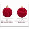 Two red velvet Christmas ornaments, one with a diamond pattern and one with a wave pattern.