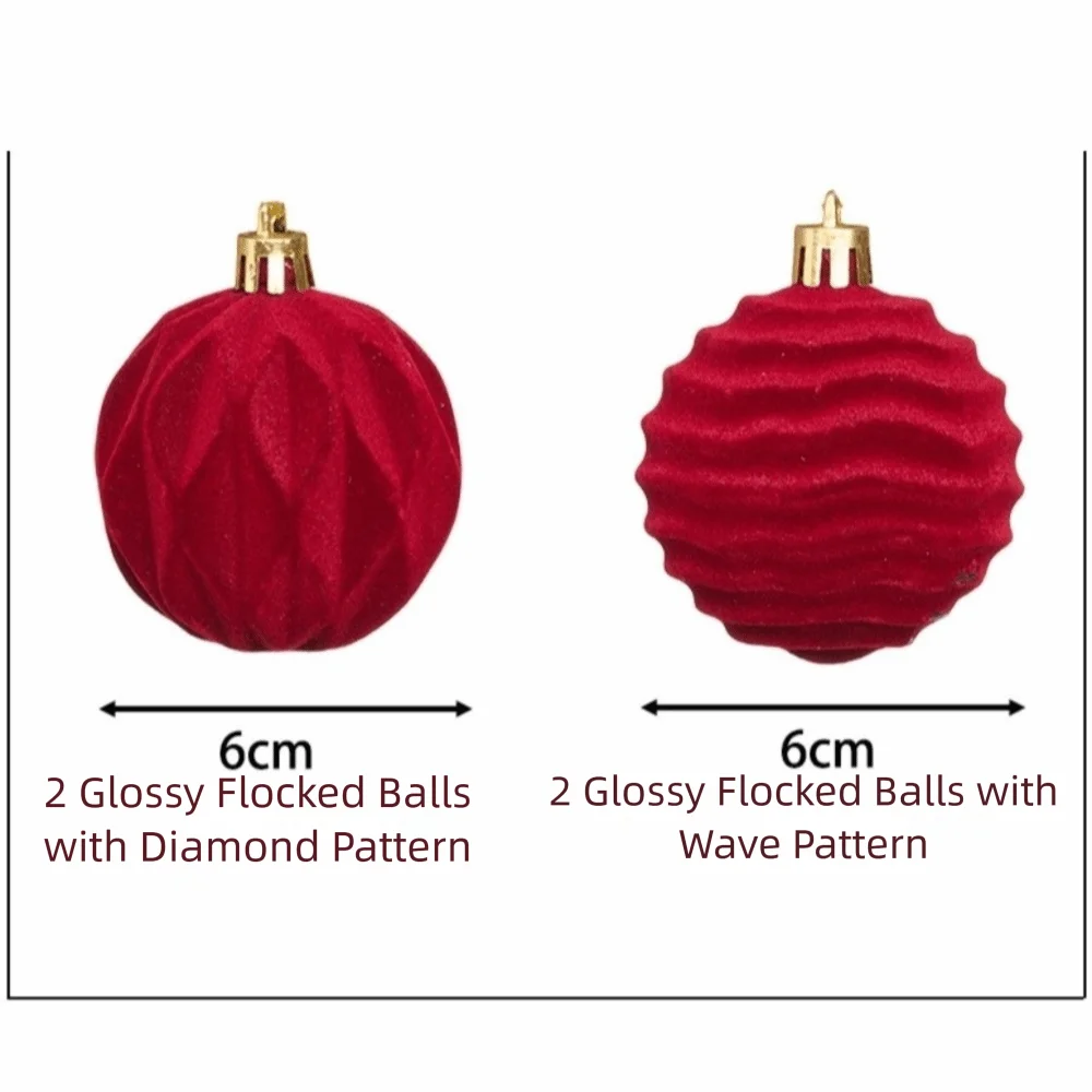 Two red velvet Christmas ornaments, one with a diamond pattern and one with a wave pattern.
