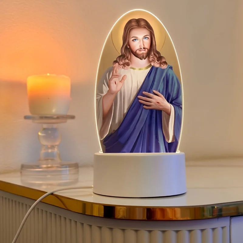Illuminated Jesus Christ night light featuring a sculpted figure with a beard and flowing hair set in an oval frame