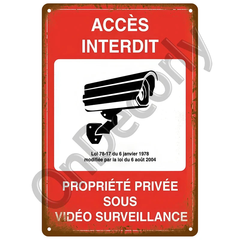 Red metal sign warning that access is forbidden and the property is under video surveillance.