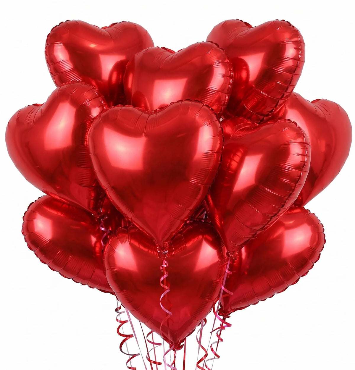 A bunch of shiny red heart-shaped foil balloons tied together.