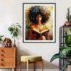 Canvas wall art featuring an African American woman with dark curly hair reading a book in warm tones.