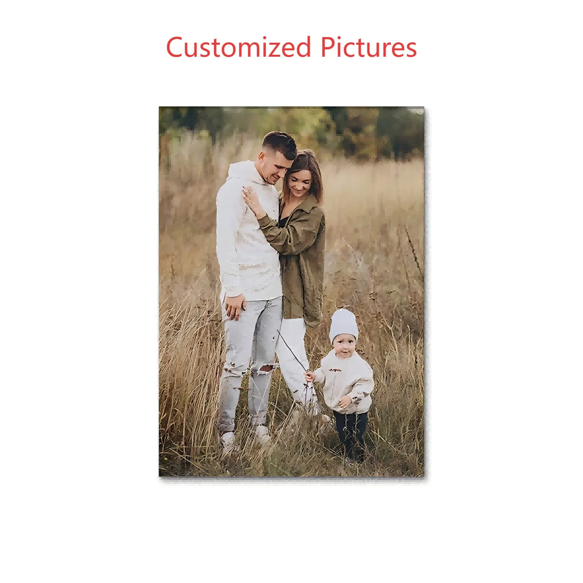 A family portrait featuring a mother, father, and young child standing in tall dry grass.