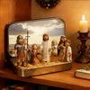 A classic PVC Christmas Nativity Scene figurine set displayed in a silver storage tin.