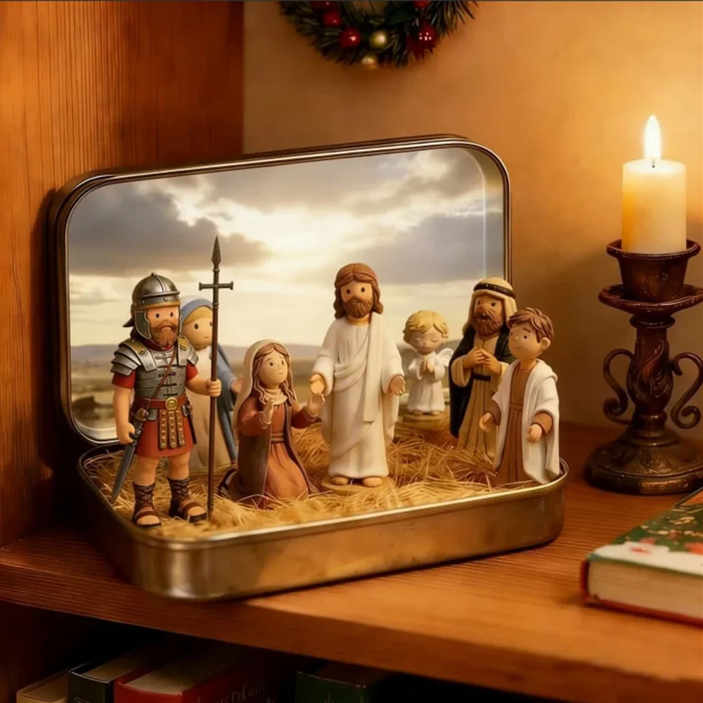 A classic PVC Christmas Nativity Scene figurine set displayed in a silver storage tin.