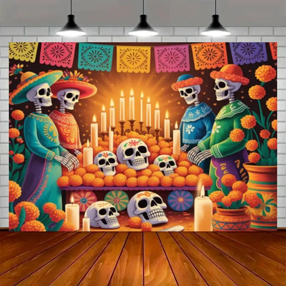 Day of the Dead Skeleton Carnival Backdrop for Halloween Party Decorations