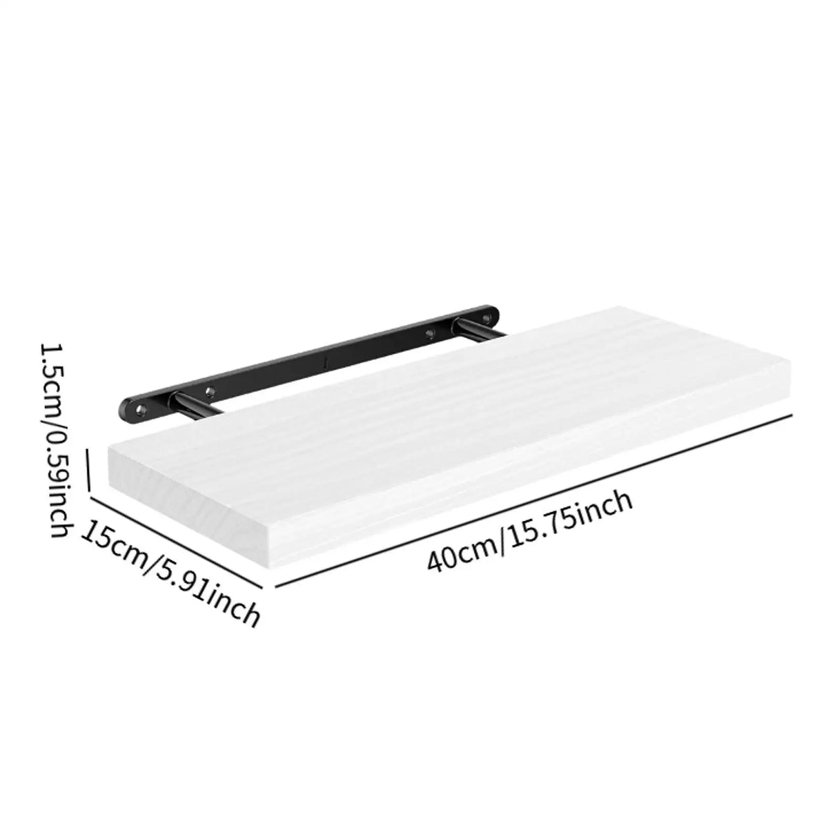 A white wooden floating wall shelf with a black bracket, shown in a side view.