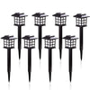 A set of eight black solar powered LED pathway lights with square lanterns displayed against a white background.