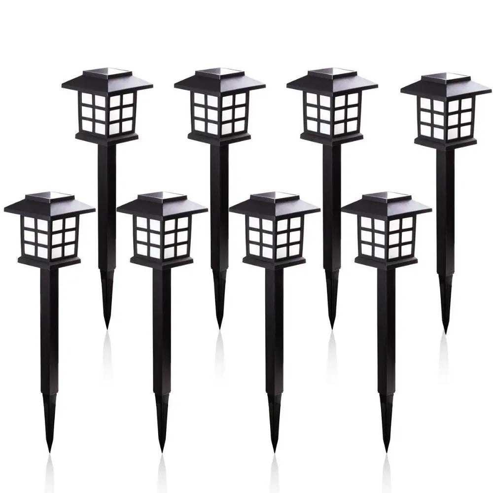 A set of eight black solar powered LED pathway lights with square lanterns displayed against a white background.