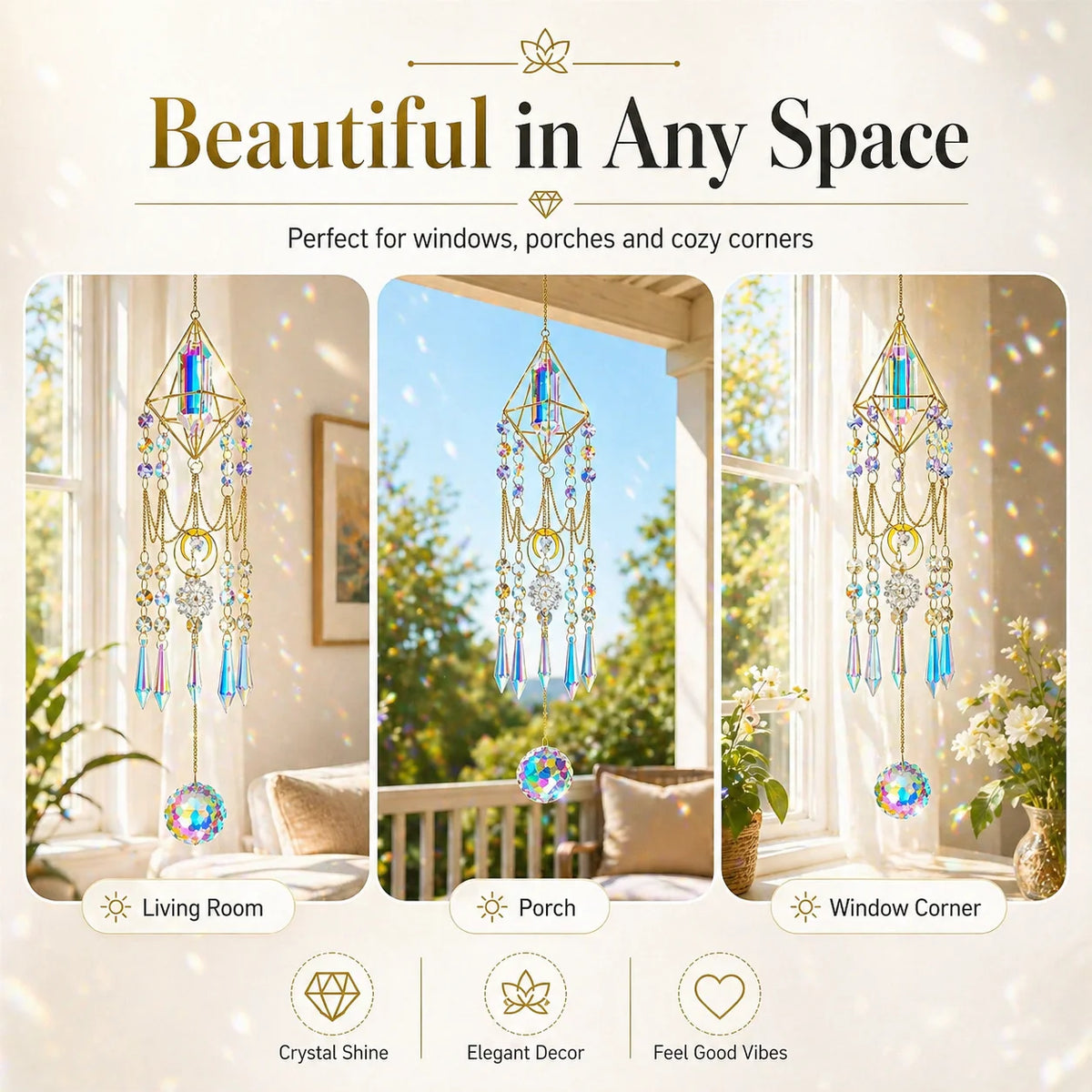 Crystal prism suncatcher with a gold geometric frame hanging in various home settings like living rooms and porches