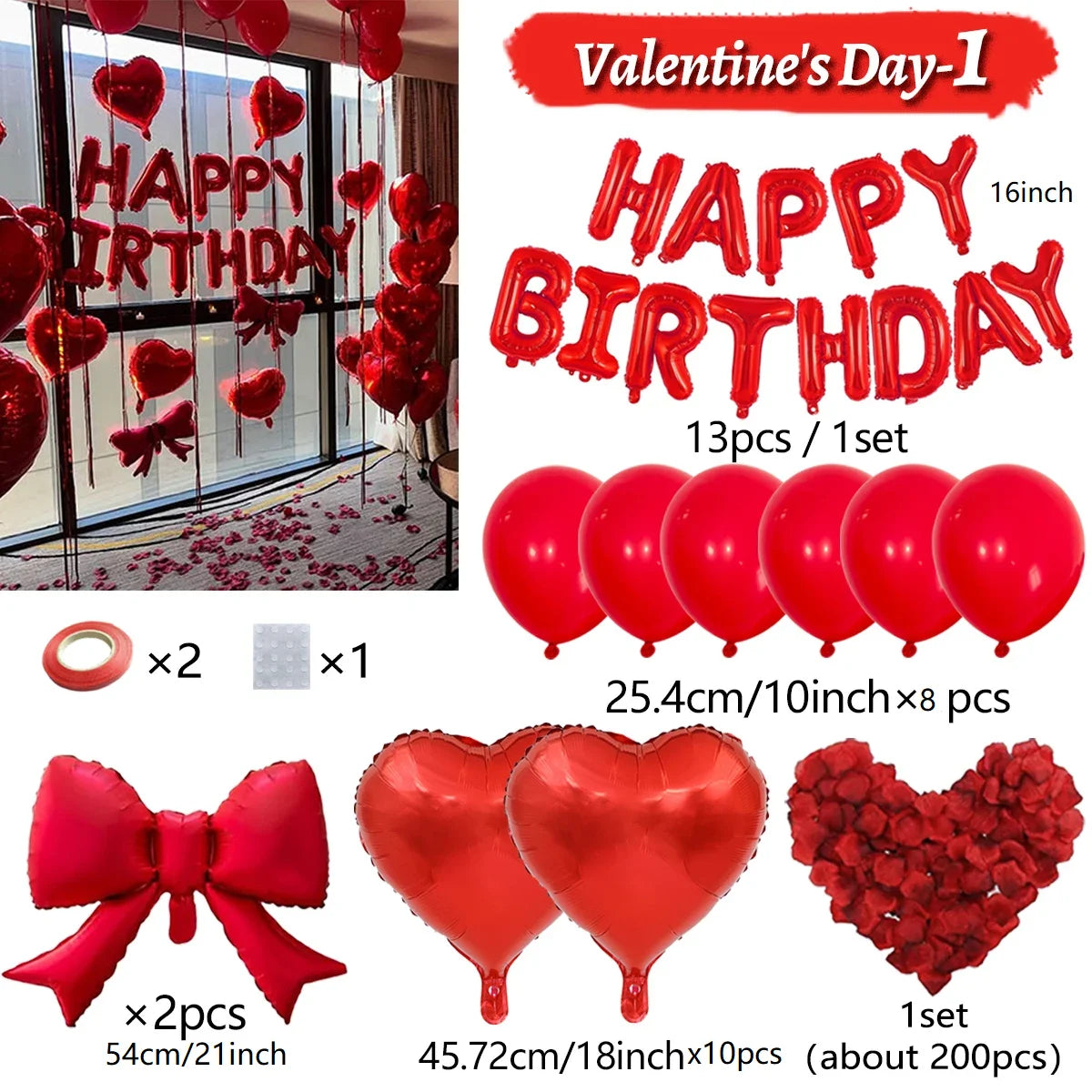 A set of red foil heart-shaped birthday balloons with bows and a loose cluster of red rose petals.