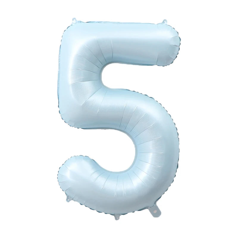 A light blue foil number balloon shaped like the numeral five.