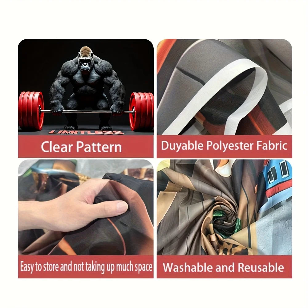 A set of fitness banners featuring a gorilla, a clear pattern, and a durable polyester fabric for weightlifting.