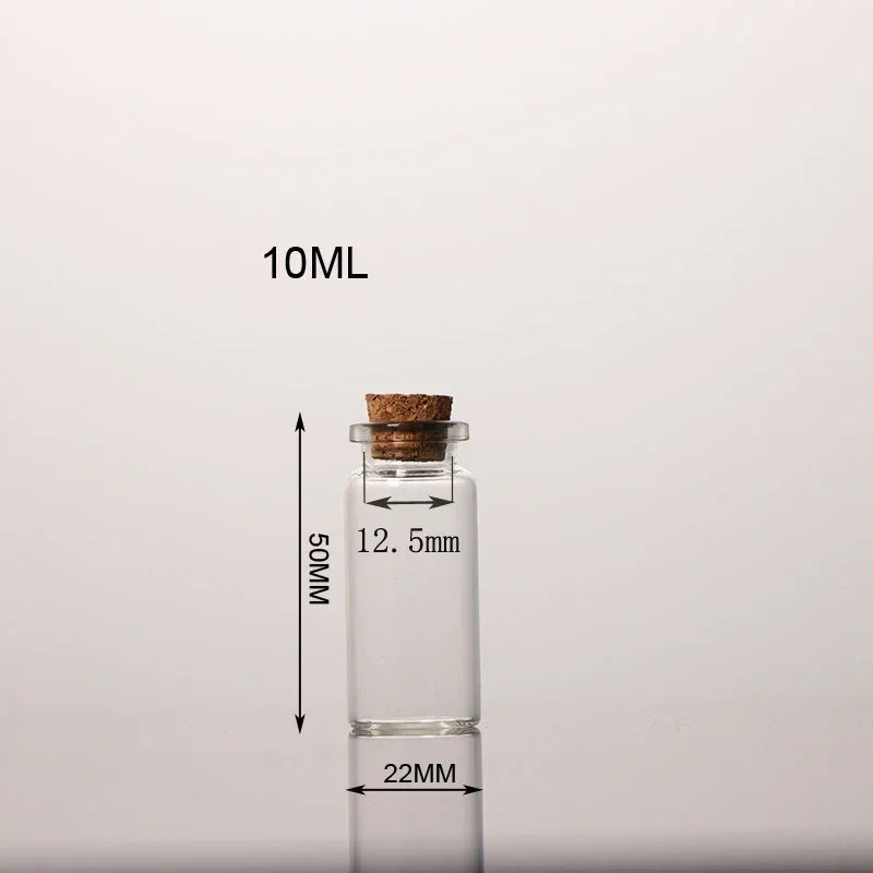 A clear glass bottle with a cork stopper and a measuring scale indicating 10ML volume.