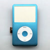 A light blue iPod Classic front faceplate with a blank screen and a replacement clickwheel assembly.