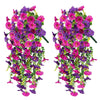 A pair of artificial morning glory hanging flowers in shades of purple and pink.
