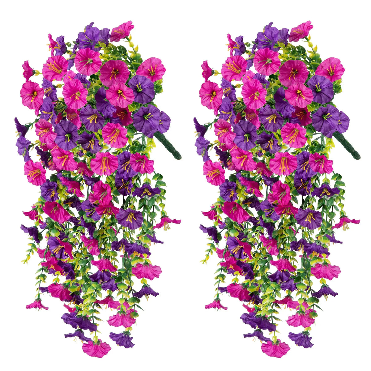 A pair of artificial morning glory hanging flowers in shades of purple and pink.