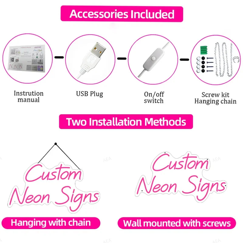 Accessoires et méthodes d'installation pour enseignes au néon personnalisées, incluant fiche USB, interrupteur marche/arrêt e