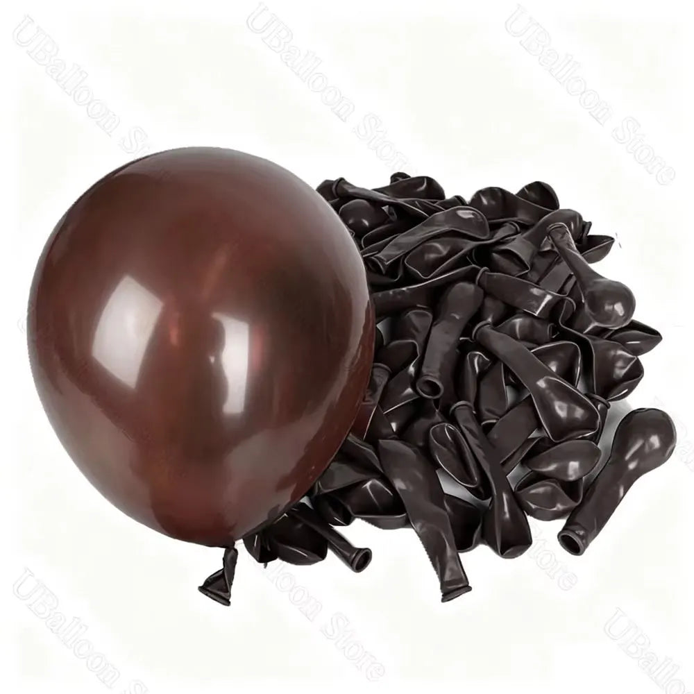 A cluster of dark brown latex balloons is shown next to a single, smooth brown balloon.