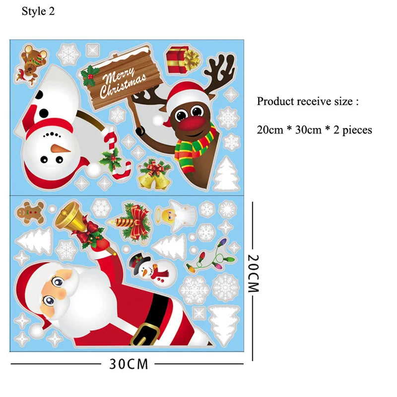 Festive Christmas window stickers set featuring a snowman, deer, and Santa Claus characters.