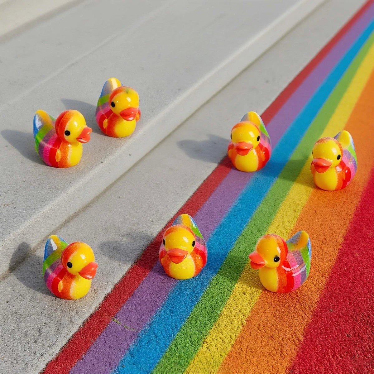 A set of mini resin colorful duck decorations arranged on a rainbow-colored surface.