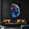 A canvas print of a roaring tiger's face with blue and gold abstract patterns displayed on a dark wall.