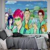 Anime tapestry wall hanging featuring six characters from The Disastrous Life of Saiki K with vibrant hair colors and green u
