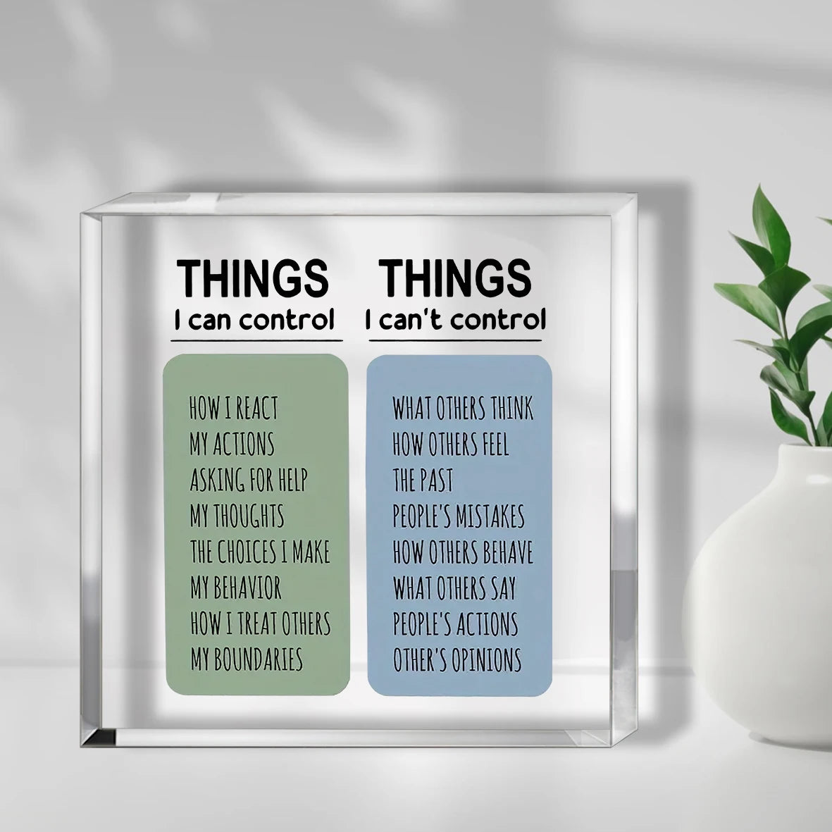 Acrylic desk sign with two panels listing things I can control and things I can't control