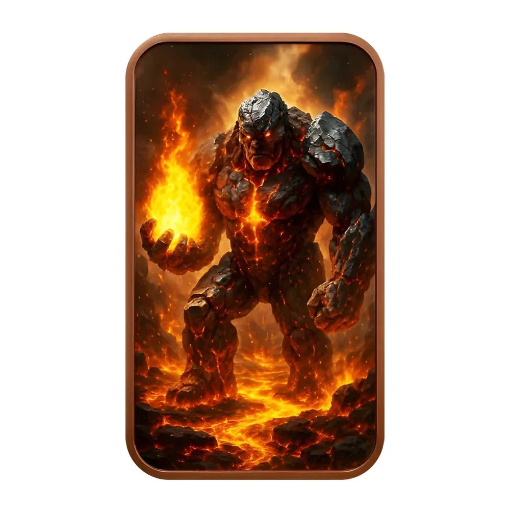 A dramatic image of a muscular figure engulfed in fiery orange and yellow flames.