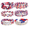 A collection of patriotic American flag beaded stretch bracelets featuring red, white, and blue colors and stars.