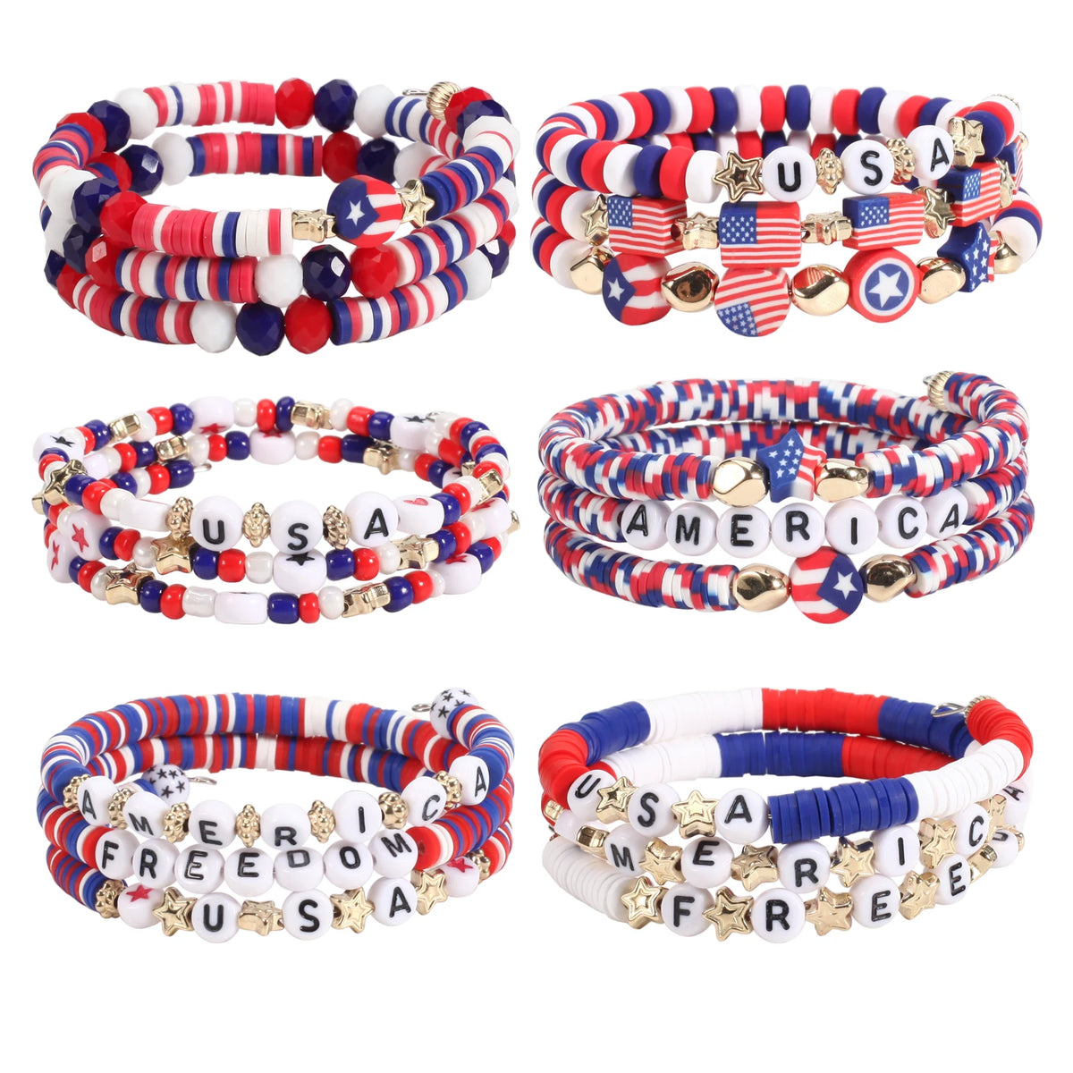 A collection of patriotic American flag beaded stretch bracelets featuring red, white, and blue colors and stars.
