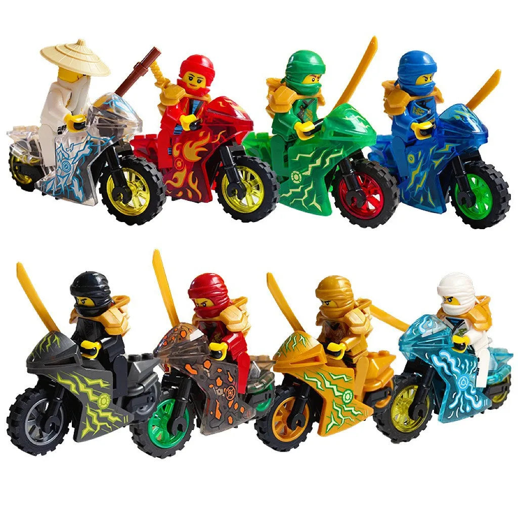 A set of five golden ninja building block figures riding various colorful motorcycles.
