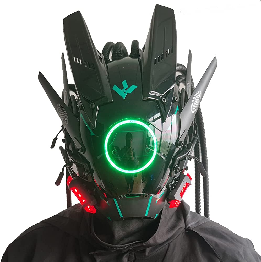 Máscara de juego cyberpunk negra con visor circular verde brillante y detalles intrincados.