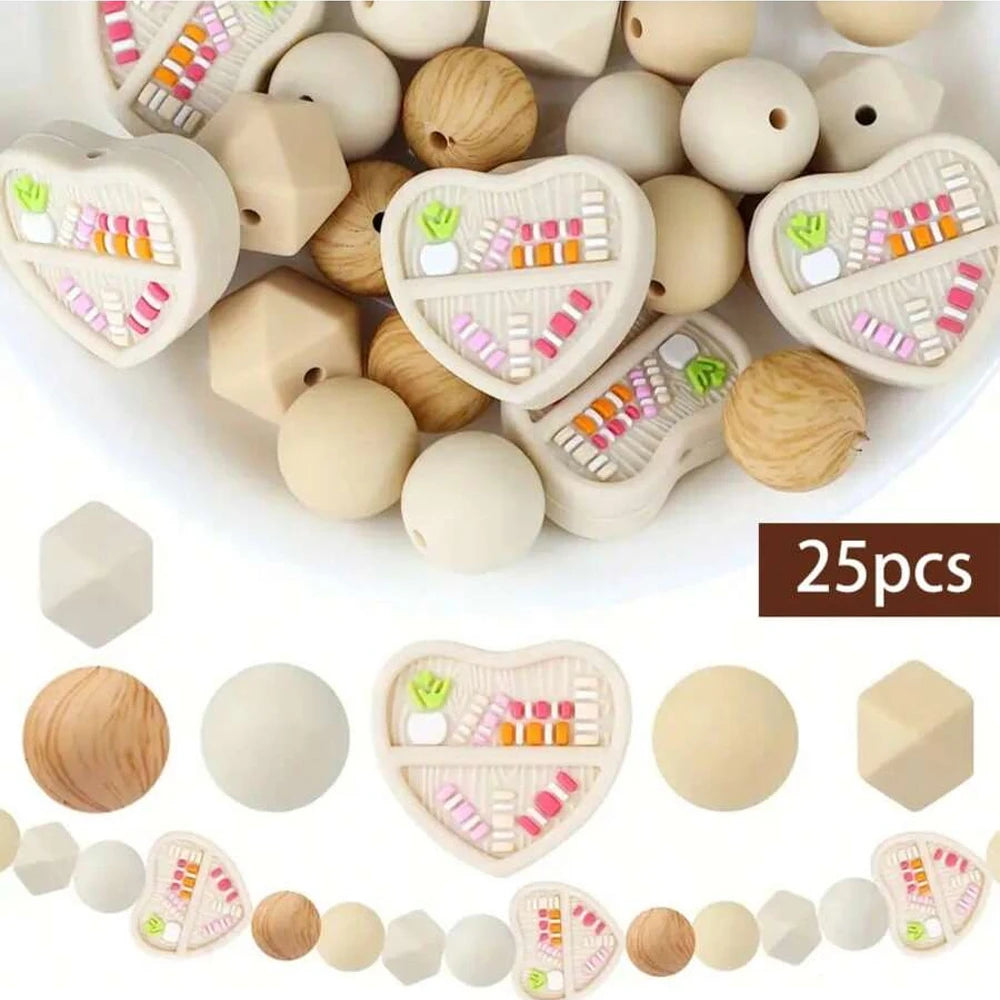 A collection of heart-shaped silicone beads in various natural wood and cream colors for DIY jewelry and crafts.