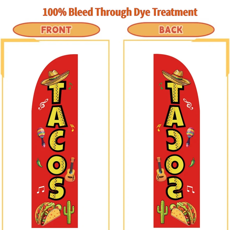 Red feather flag advertising banner showing tacos on the front and back sides