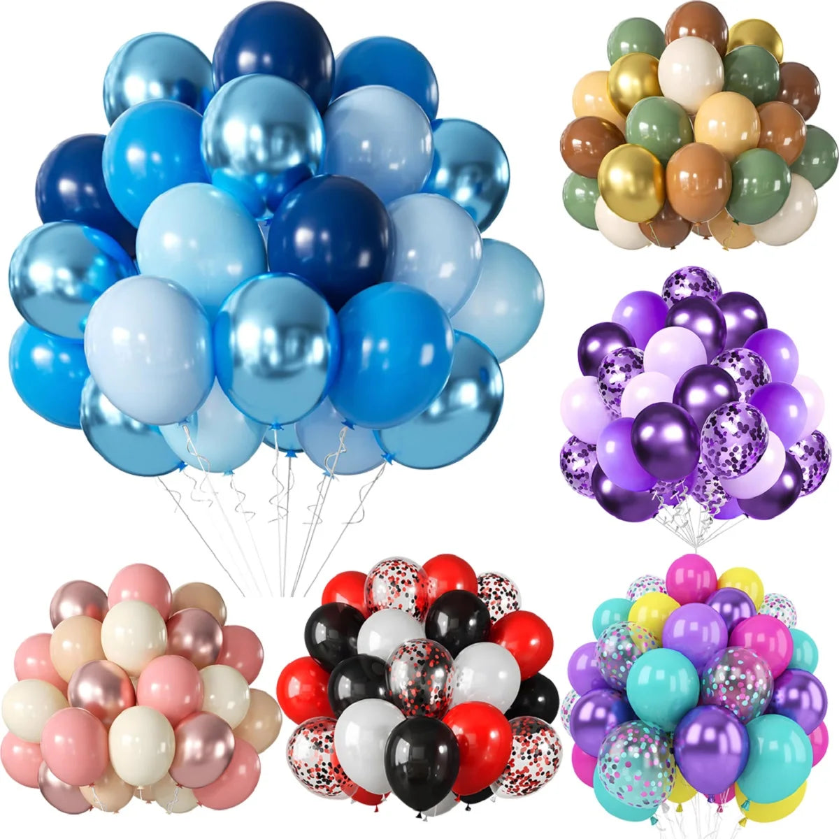 A collection of metallic pearl and confetti balloons in various shades of blue, purple, gold, and silver for party decor.
