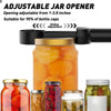 A black adjustable jar opener is shown next to various glass jars and bottles.