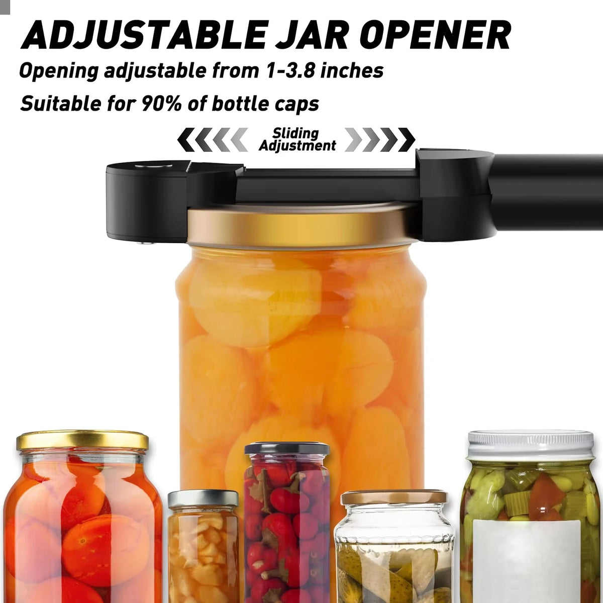 A black adjustable jar opener is shown next to various glass jars and bottles.