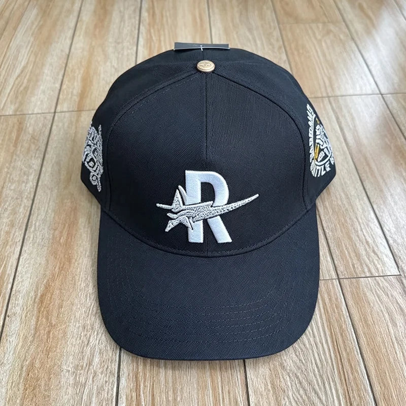 Black embroidered star hip-hop baseball cap with silver and yellow detailing