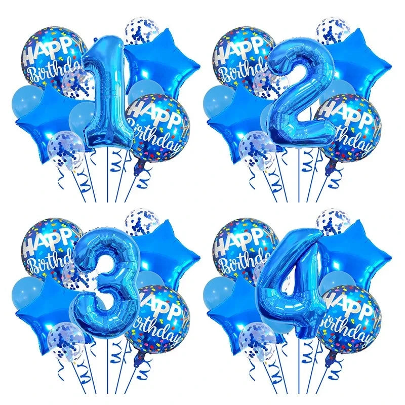 A set of navy and gold foil balloons shaped like the numbers one through four for birthdays