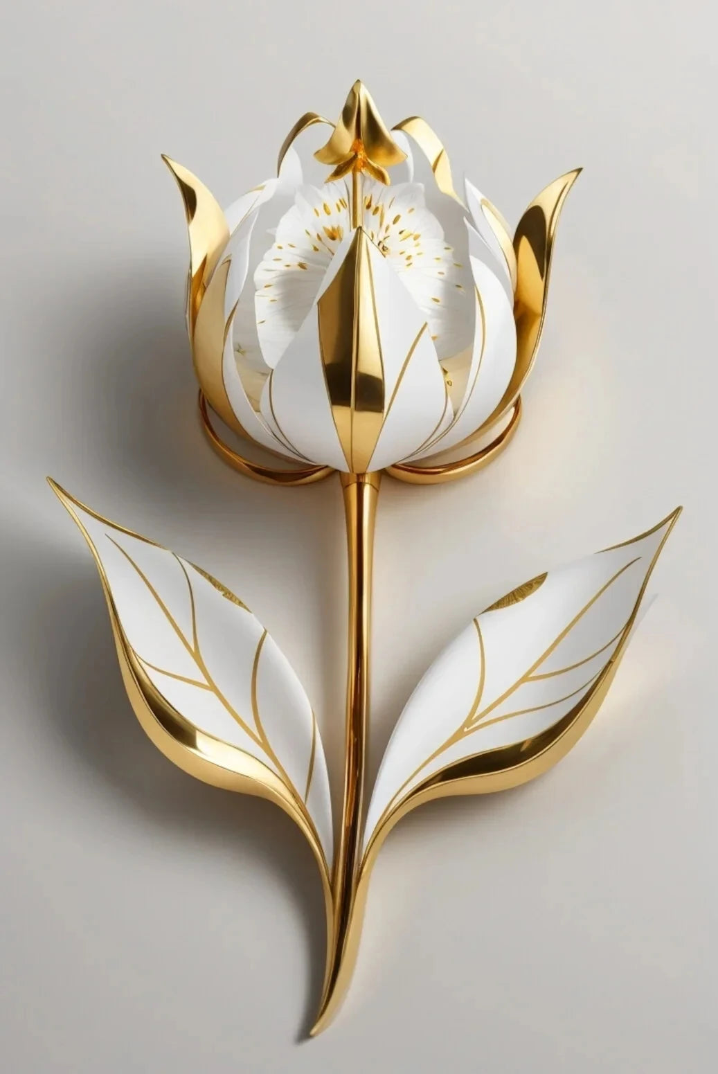 Escultura floral dorada que se asemeja a un girasol, con pétalos y hojas blancas.