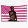 A banner featuring a stylized portrait of a man against a pink and white striped American flag background.