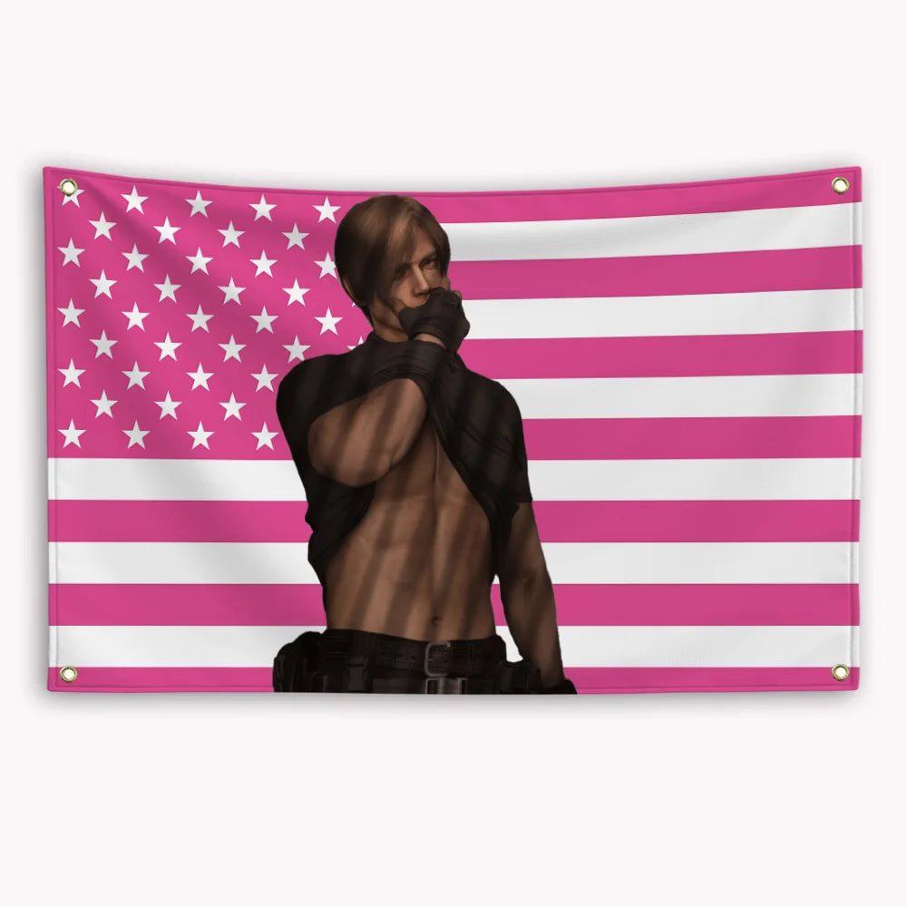 A banner featuring a stylized portrait of a man against a pink and white striped American flag background.