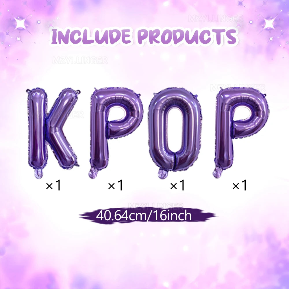 Purple foil number balloons spelling KPOP include one balloon per letter.
