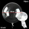 A clear bubble balloon is shown, measuring 18cm, with a separate 8 inch balloon attached.