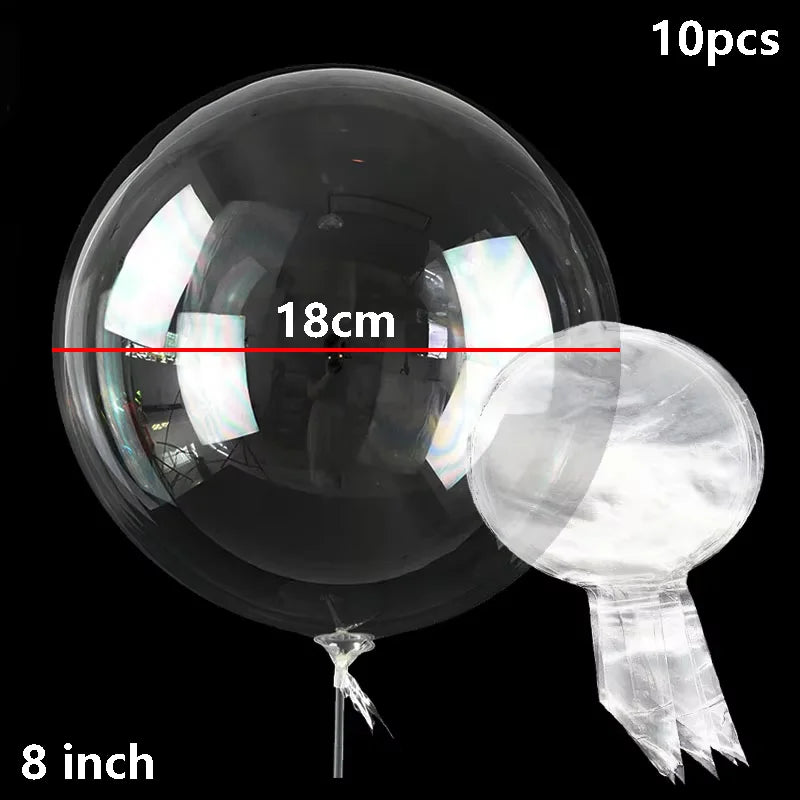 A clear bubble balloon is shown, measuring 18cm, with a separate 8 inch balloon attached.