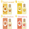 Four scented body oils are displayed: Sweet Caramel, Vanilla, Marshmallow, and Strawberry.